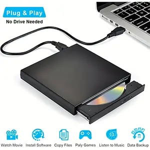Compact USB 2.0 External DVD-RW Drive |   Plug & Play, No Drivers Needed |   Slim Portable CD/DVD Burner & Reader for Laptops, Desktops, Tablets, Smartphones |   Data Backup, Movie Playback, Gaming |   Black with Power Cable, Data Backup Device, Sleek Rea