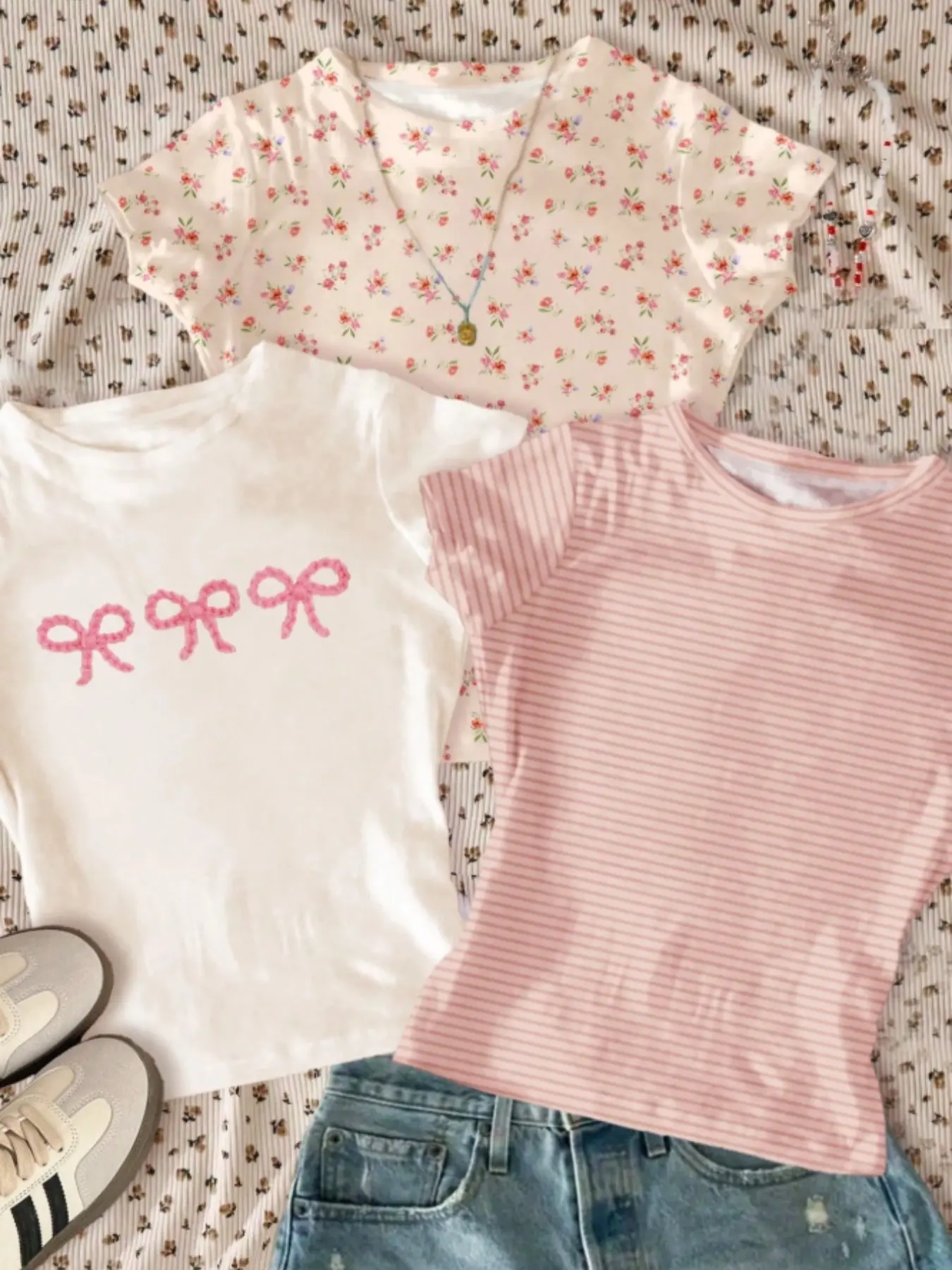 3-pack girls' round-neck T-shirts, featuring an American pastoral sweet girl vibe, with floral, bowknot prints and striped short-sleeved tops, making them perfect for daily casual wear in summer, Daily Tee, Boho Floral Tee, Printed T Shirt