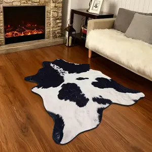 1Pc Western B&W Cowhide-Shape Faux-Cashmere Accent Rug, Stain-Resist Quiet Non-Slip Floor-Safe, Hearth-Bed-Bath-Kitchen Ready, Machine-Wash Ranch Vibe Multi-Size Animal Print Rug