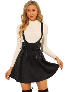 INSPIRE CHIC High Waist Brace A-Line Mini Lace Up Suspender Skirt Black