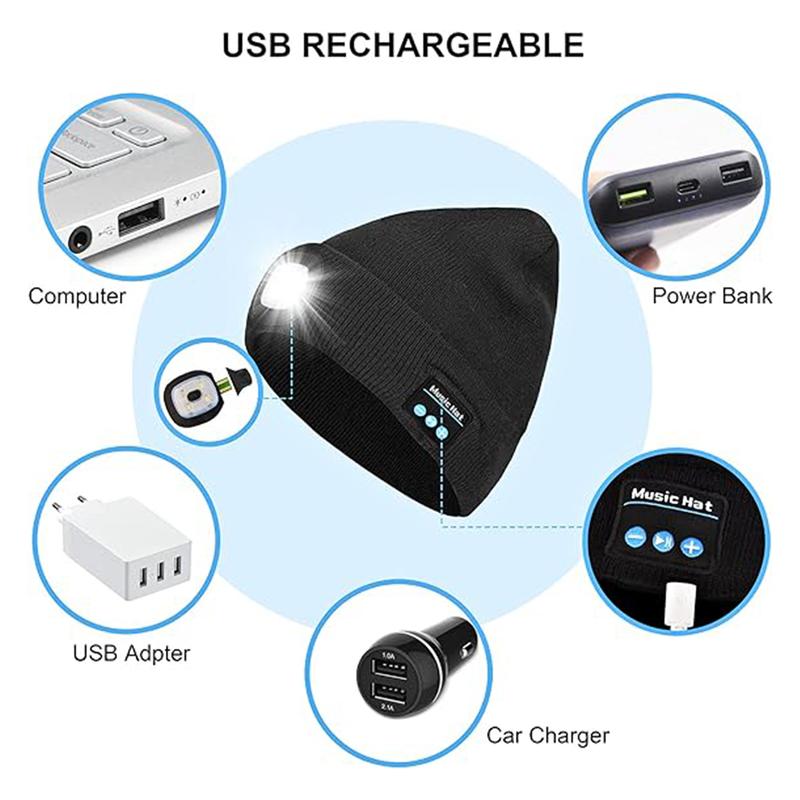 LED Hat Bluetooth Lighted Beanie,Unisex USB Rechargeable 6 LED Headlamp,Musical Knit Hat with Headphones and Built-in Speaker Mic,Unique Christmas Birthday Gifts for Men Him Husband Teen
