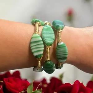 Green Lamp Work Glass Bangle with Striped Design and Gold Accents for Stylish Accessory