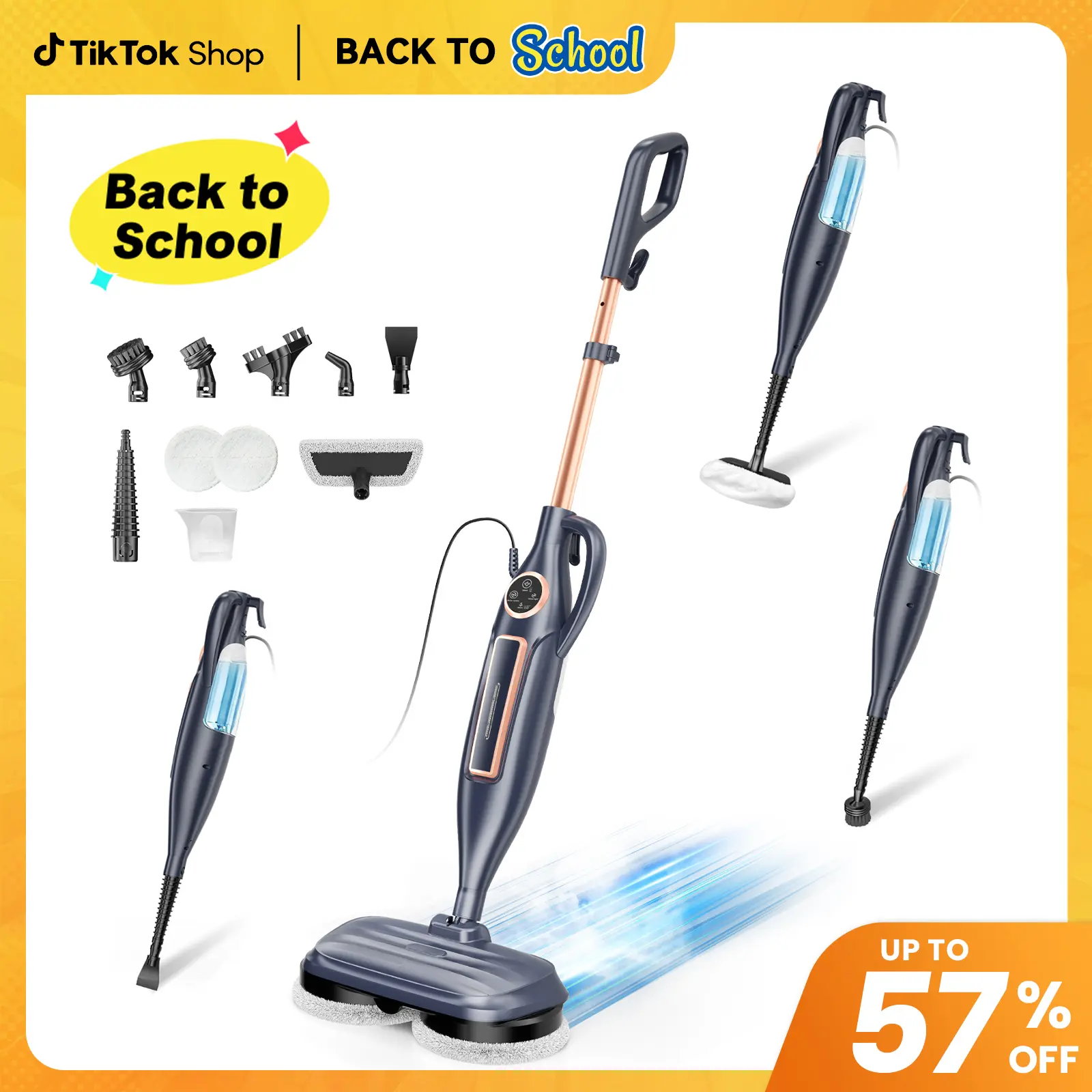 [BackToSchool]DEVOAC Fregona a vapor con discos rotatorios – Modelo 10 en 1, mopa ligera con giro exprimidor y 3 niveles de vapor, ideal para pisos de madera, laminado y mármol.