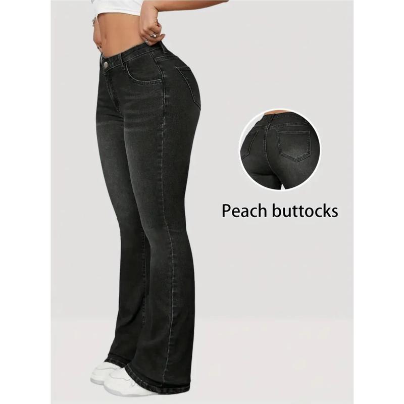 Women's Plus Size High-Waisted Stretch Flared Jeans - Vintage Black Tight-Fitting Bell-Bottoms with 9/10 Length, H-Line Silhouette & Built-In Zipper Closure, All-Season Elegant Casual to Semi-Formal Pants (Machine Washable)