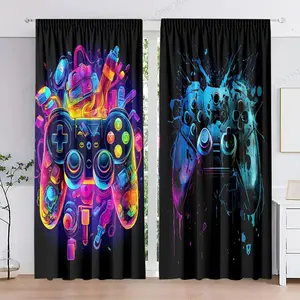 2 Piece Set Colorful Graffiti Game Controller Pattern Digital Print Curtains, Rod Pocket Design, Privacy Protection, Bedroom Living Room Dining Room Decor