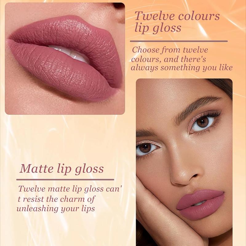 12Pcs Velvet Matte Liquid Lipstick Set, Nude Matte Lip Gloss,Waterproof Lipstick,Long Lasting Quick-drying Non-Stick Cup Nude Lip Stain Kit,Professional Lip Makeup Gift Kit for Women Gloss Lipgloss Lip Care Glossy Cosmetic