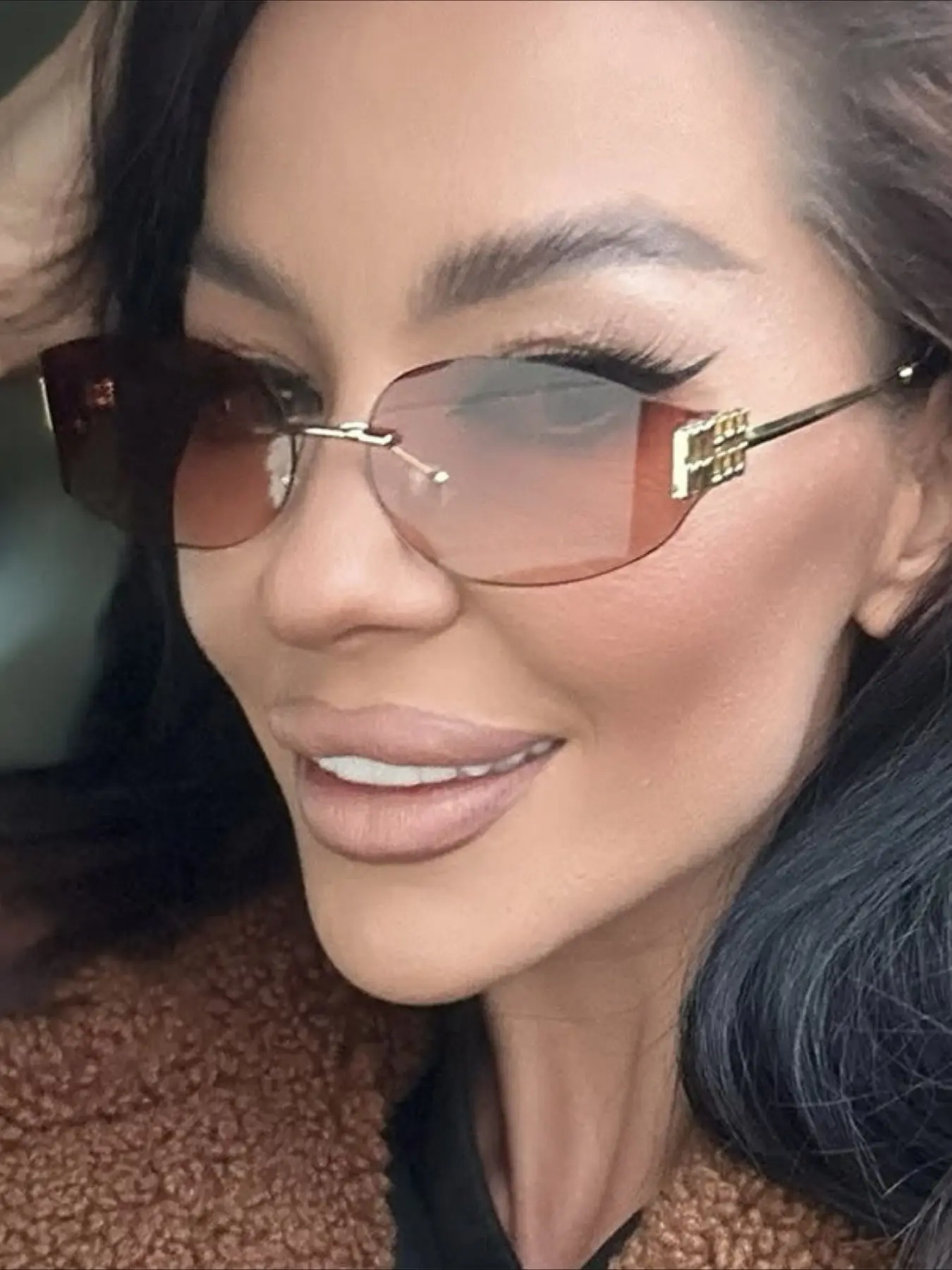Rimless Oval Sunglasses Women UV400 Oversized Gradient Black Lenses Metal Frame Punk Decorative Glasses Men Goggles Female