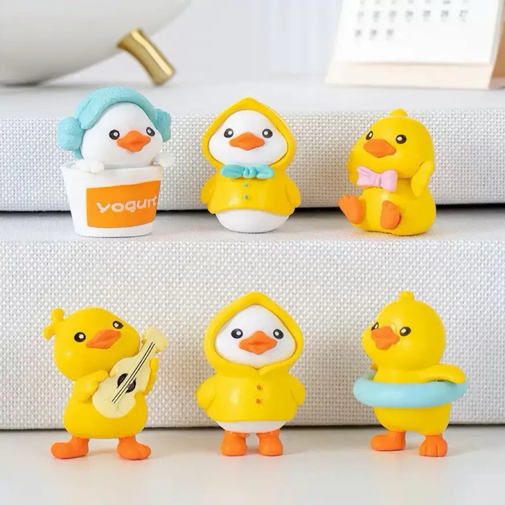 6PCS 2026 PVC Plastic Yellow Duck Set Pack - Cute Cartoon Car Interior Accessory, Rear View Mirror Ornament with Raincoat Wear, Home Office Cubicle Interior Decor
