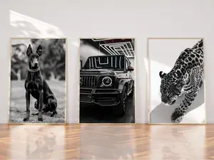 Set of 3 Black Luxury Wall Art Doberman, Black Car, Leopard Prints Masculine Decor Modern Fashion Aesthetic Posters