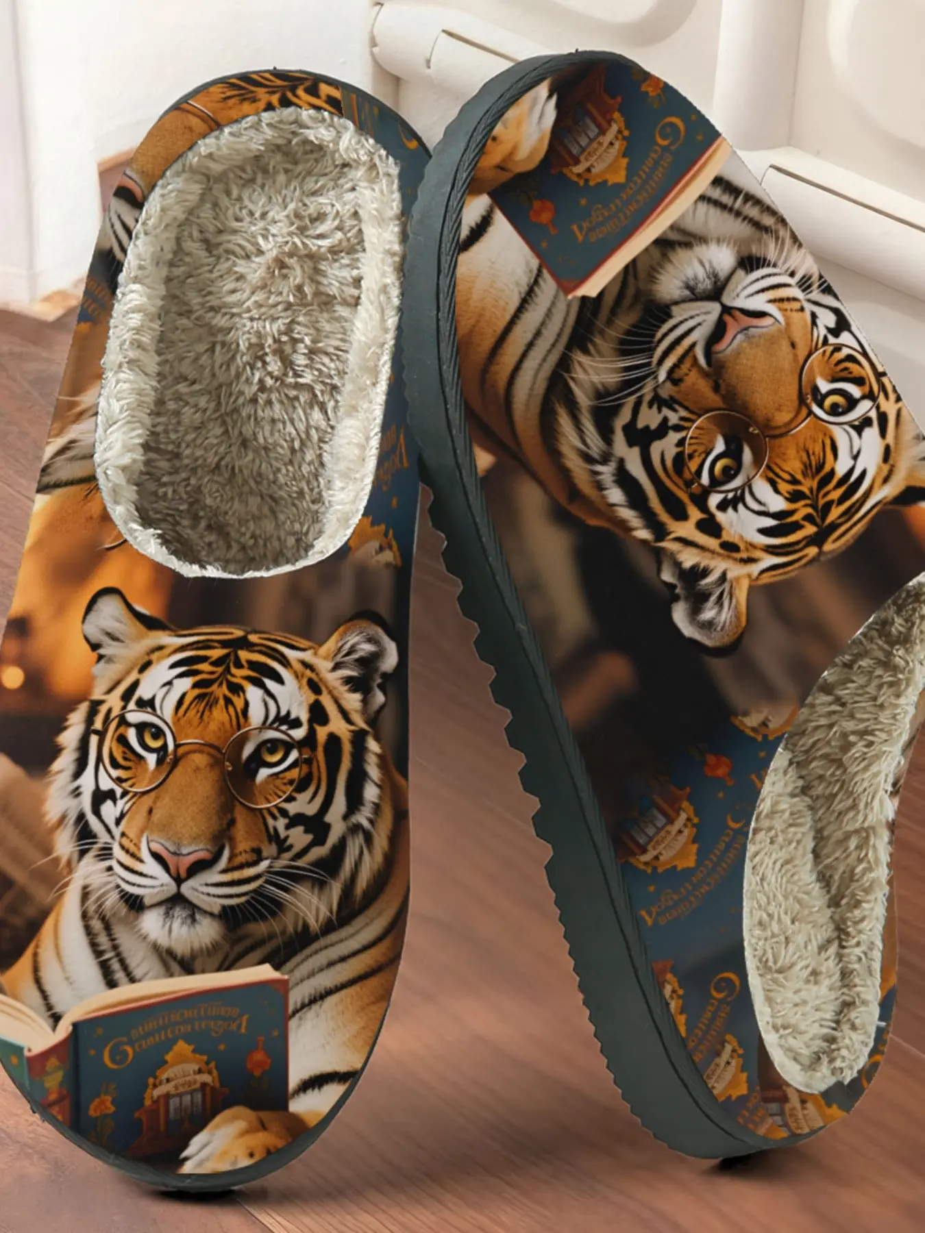 Cute Tiger Printed Cotton Slippers, Fun Artistic Style, Plush Lined Anti-Slip Thick Sole, Home Warm Shoes for Men & Women Fall Winter
