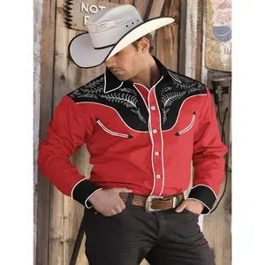 Men's Cotton Western Cowboy Shirt - Embroidered, Long Sleeve, Casual, Button Front, Band Collar Dress Shirt
