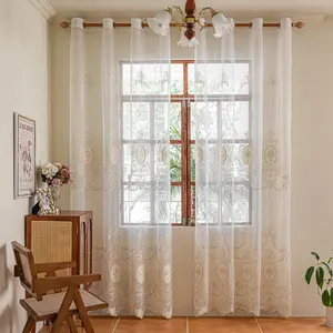 French Embroidered Sheer Curtains, Quick Dry Polyester, Metal Rings Top Easy Install, Half Transparent Design