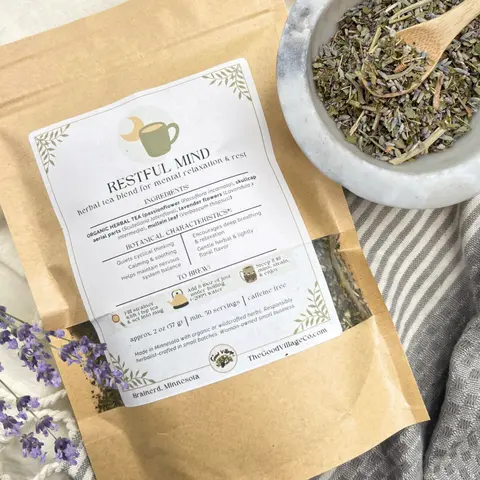 Restful Mind: Loose-Leaf Herbal Tea Blend for Nighttime Overthinkers (Caffeine-Free) Organic Herbal Traditional Loose Leaf Tea for Mental Relaxation, Rest, & Respiratory Support with Passionflower, Skullcap, Lavender, Mullein