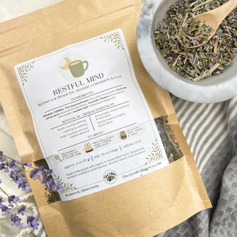 Restful Mind: Loose-Leaf Herbal Tea Blend for Nighttime Overthinkers (Caffeine-Free) Organic Herbal Traditional Loose Leaf Tea for Mental Relaxation, Rest, & Respiratory Support with Passionflower, Skullcap, Lavender, Mullein