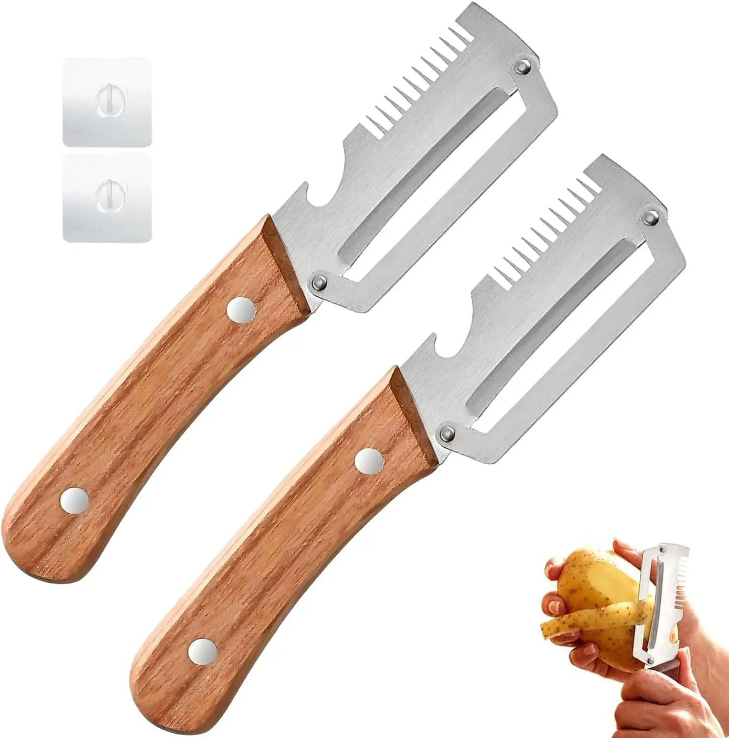 2 pcs 3-in-1 multifunctional stainless steel peeler, with wooden handle and stainless steel blade, equipped with 2 hooks, used for peeling potatoes, cutting scallions or opening bottles, suitable for home or outdoor cooking