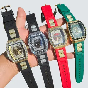 Hip Hop Style Iced Gold Silver Tone Luxury Colorful Silicone Band Date Bling Lab Diamond Bezel Watch Wristwatch