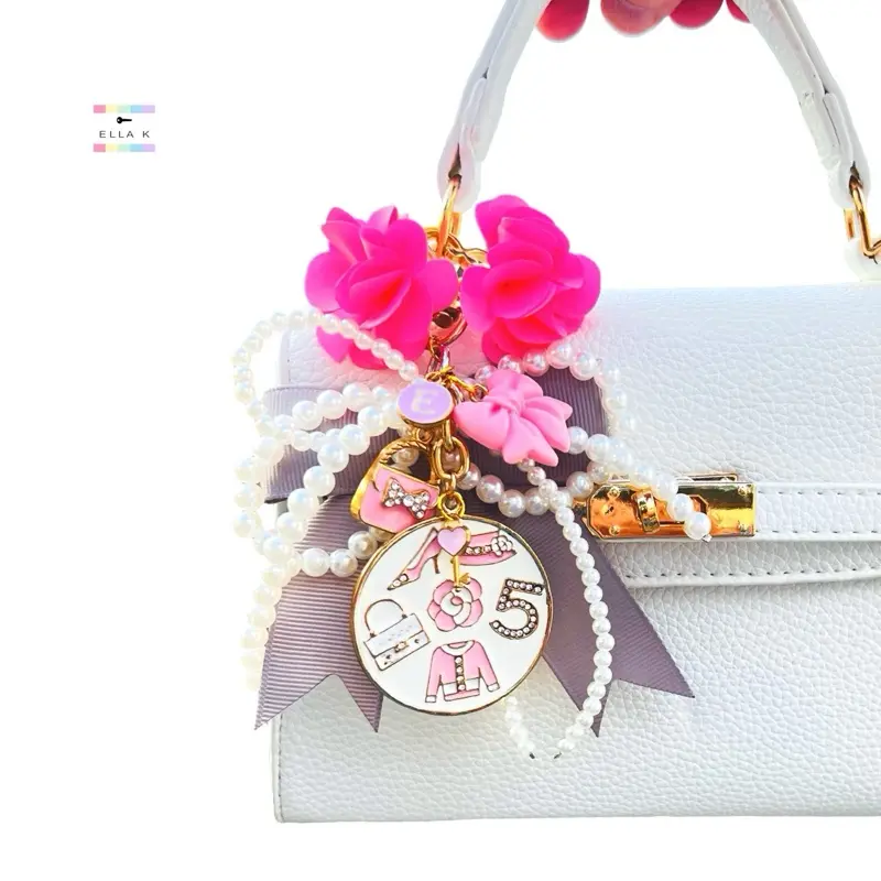 Faux Pearl Coquette Bow Custom Initial Girly Bag Charm / Pretty In Pink Fashion Coin Purse Charm  / Pink Custom Letter Bag Charm Fashion Accessory