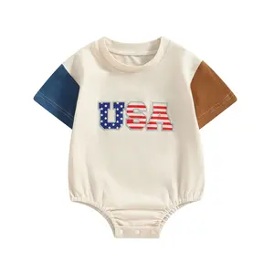 Unisex Baby 4th Of July Contrast Color USA Letter Print Short Sleeve Romper Patriotic Independence Day Summer Newborn Bodysuit Onesie