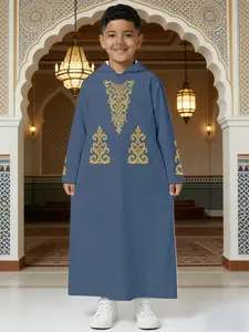 Luxury Navy Blue with Royal Golden Pattern Embroidery Hooded Kids' Robe, Loose Long Children's Traditional Costume for Performance