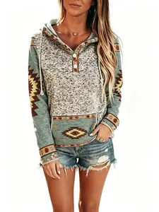 Women's Fashion Western Ethnic Print Hooded Sweatshirt, Vintage Geometric Pattern Pullover with Button Front, All-Season Casual Long Sleeve Top, for Everyday& Formal Outfits