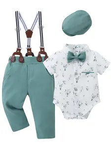 Baby Boy Clothes Suits 0-18M Infant Gentleman Outfits, Short Sleeve Collar Shirt+Bowtie+Beret+Suspender Pants Clothing Set