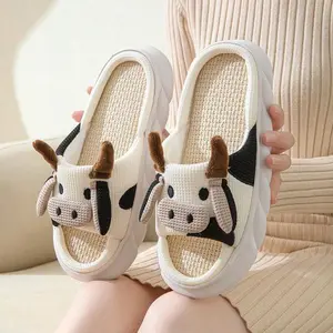 Womens Pink Pig Four Seasons Home Linen Slippers,Cow Print Pattern Cartoon Animal Shape Slippers For Outdoor Occasions