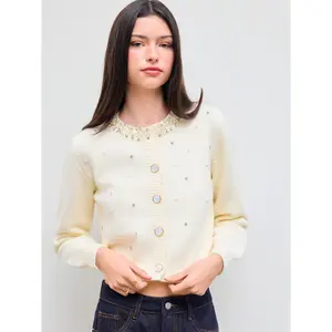 Cider [size 2-10] Knit Round Neckline Solid Rhinestone Long Sleeve Top