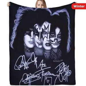 [Kiss Band Themed Throw Blanket] Soft Kiss Band Themed Digital Print Flannel Throw Blanket - Contemporary Style, Fantasy Knitted Polyester,  All-Season Comfort - for Travel, Winter, Christmas, Sofa, Bed, Home Decor, Ideal Gift