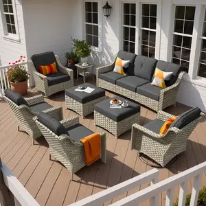 Outdoor Wicker Patio Furniture Set 8-PCS with A 3-Seat Sofa, 2 Swivel Rocking Chairs, 2 Armchairs, 2 Ottomans and 1 Side Table Patio Conversation Set for Comfortable Outdoor Space