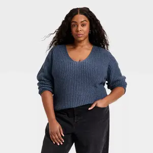 Women's Wide V-Neck Pullover Sweater - Universal Thread Indigo 1X