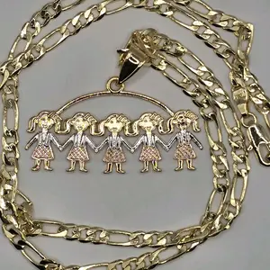 Five Charm Girls Gold Plated Tricolor Necklace 22 Inch Figaro Chain Delightful Accessory for Everyday Wear or Special Occasions 4mm Wide Chain 2.5 Inch Pendant Size