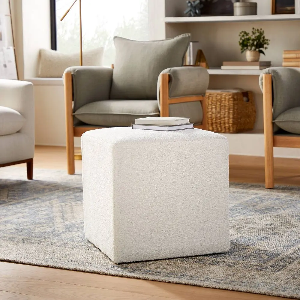 Lynwood Square Upholstered Cube Ottoman Faux Shearling Boucle - Threshold designed with Studio McGee: Plywood Frame No Assembly Required