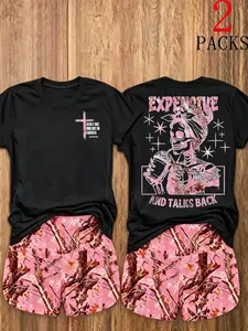 Tiktok Women's Sweet Cool Western Style Two-Piece Set, T-Shirt with Dual Prints, Camo High-Waisted Shorts, Breathable Fabric