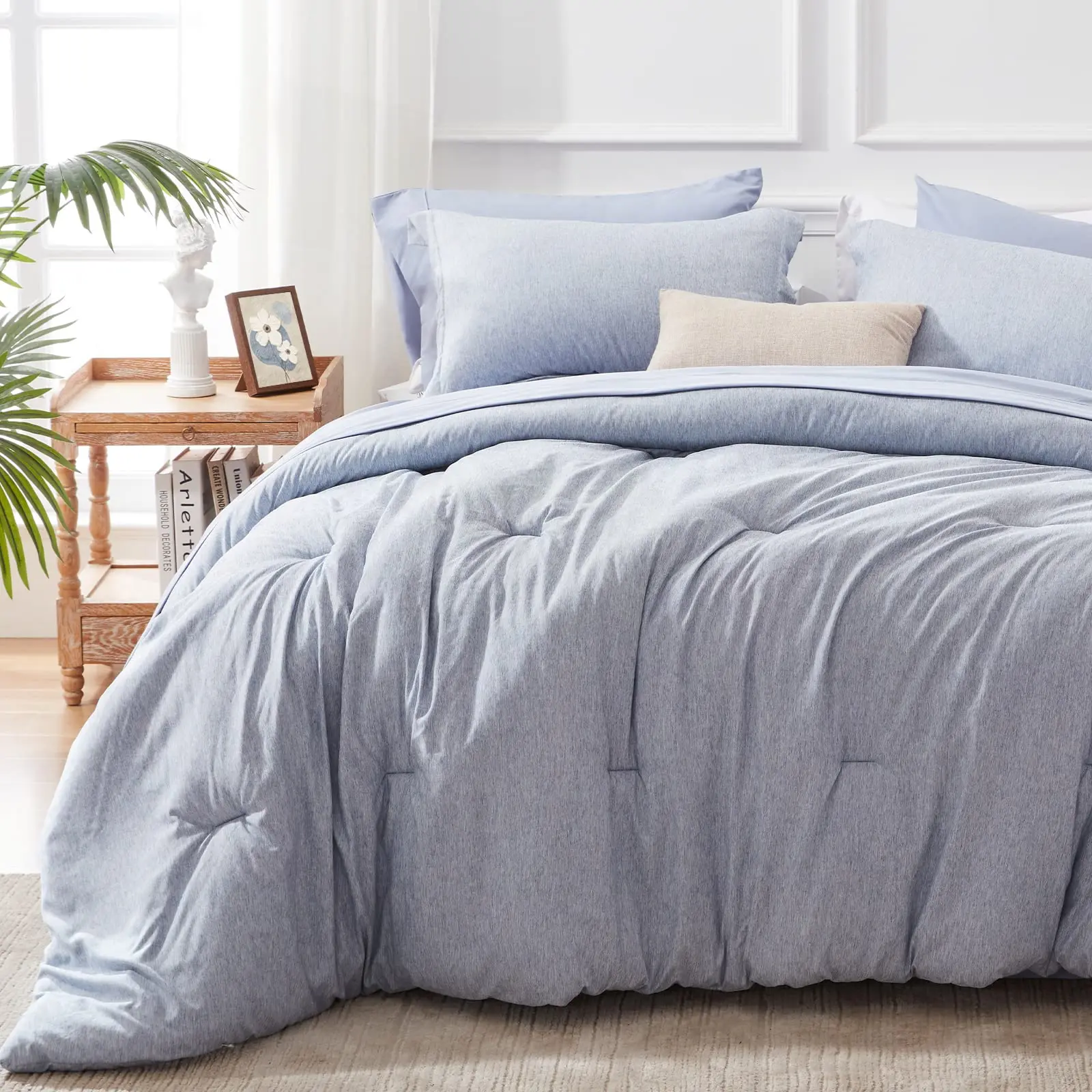 XL-King Comforter Set 7 Pieces Bed in a Bag - Blue King Soft Bedding Set for All Seasons - Cationic Dyeing Bed Comforter Sets with Comforter, Flat Sheet, Fitted Sheet, Pillowcases & Shams