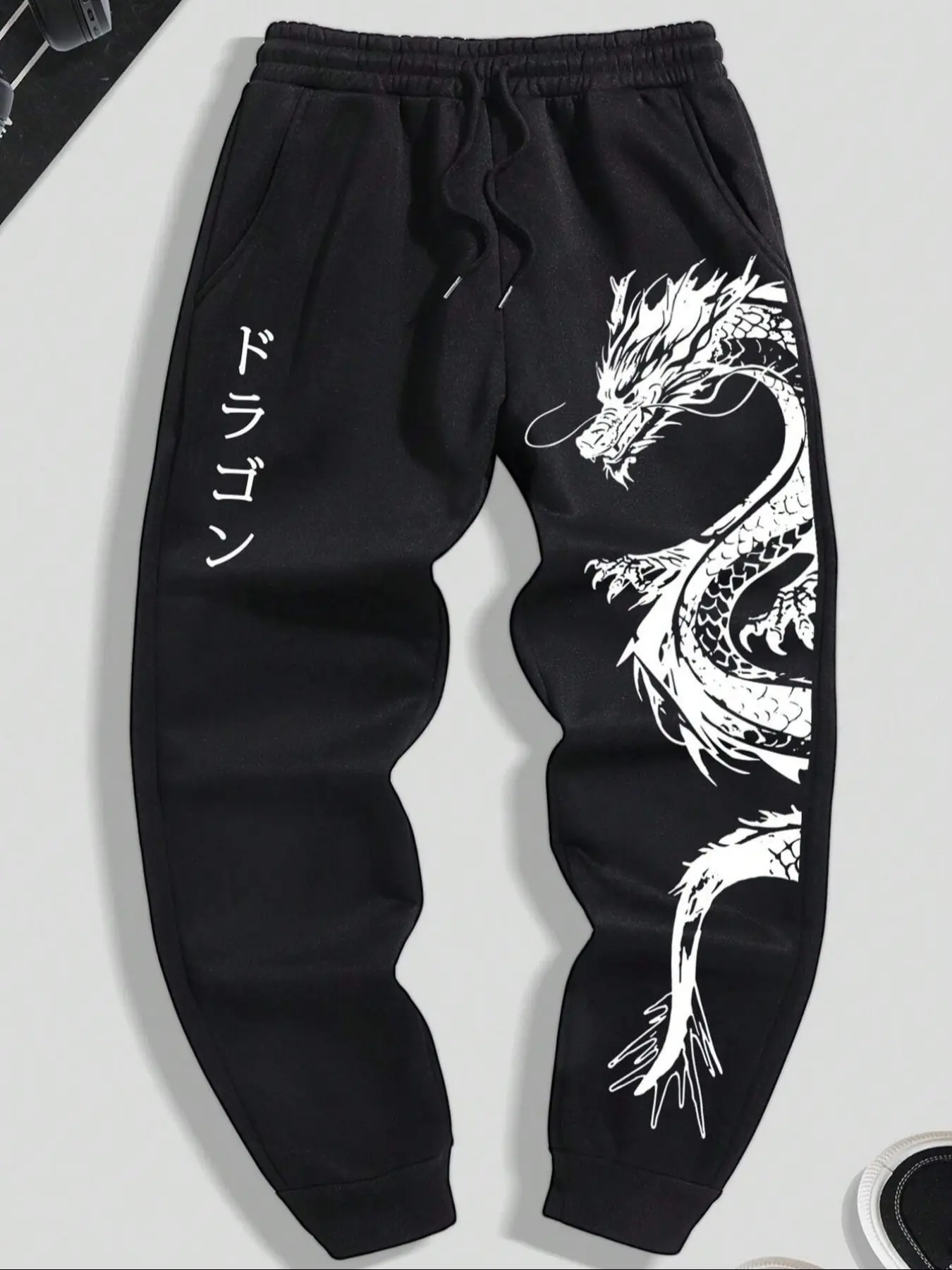 Men's Casual Sport Pants, Dragon Print Drawstring Joggers, Loose-Fit All-Season Wear, Comfortable Knitted Fabric for Everyday Style, Sports Pants, Casual Sports Trousers