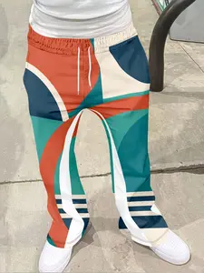 Men's Fashion 3D Bold Abstract Curve Print Flare Pants, Bold Geometric Pattern, Loose Casual Flare Leg Pocket Drawstring, Sporty Streetwear Hip Hop Vintage Long Pants