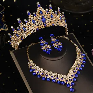 Dramatic Vintage Tiara Set for Bride 3Pc Crystal Crown Necklace Earrings Princess Costume Wedding Performance Luxury Bridal Collection