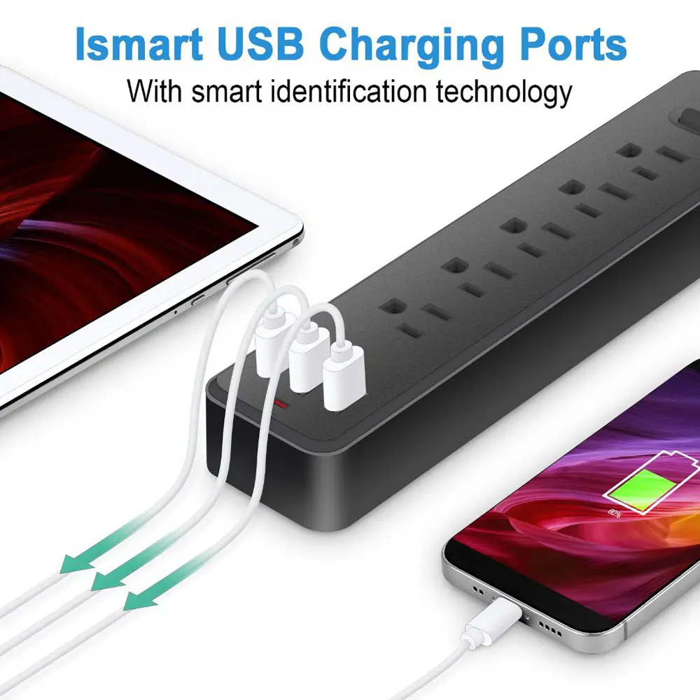 Surge Protector Power Strip with Wide-Spaced AC Outlets, Smart USB Fast Charging, 1700J Surge Protection - Reliable Simultaneous Charging Hub for Home, Office Use cable socket plug