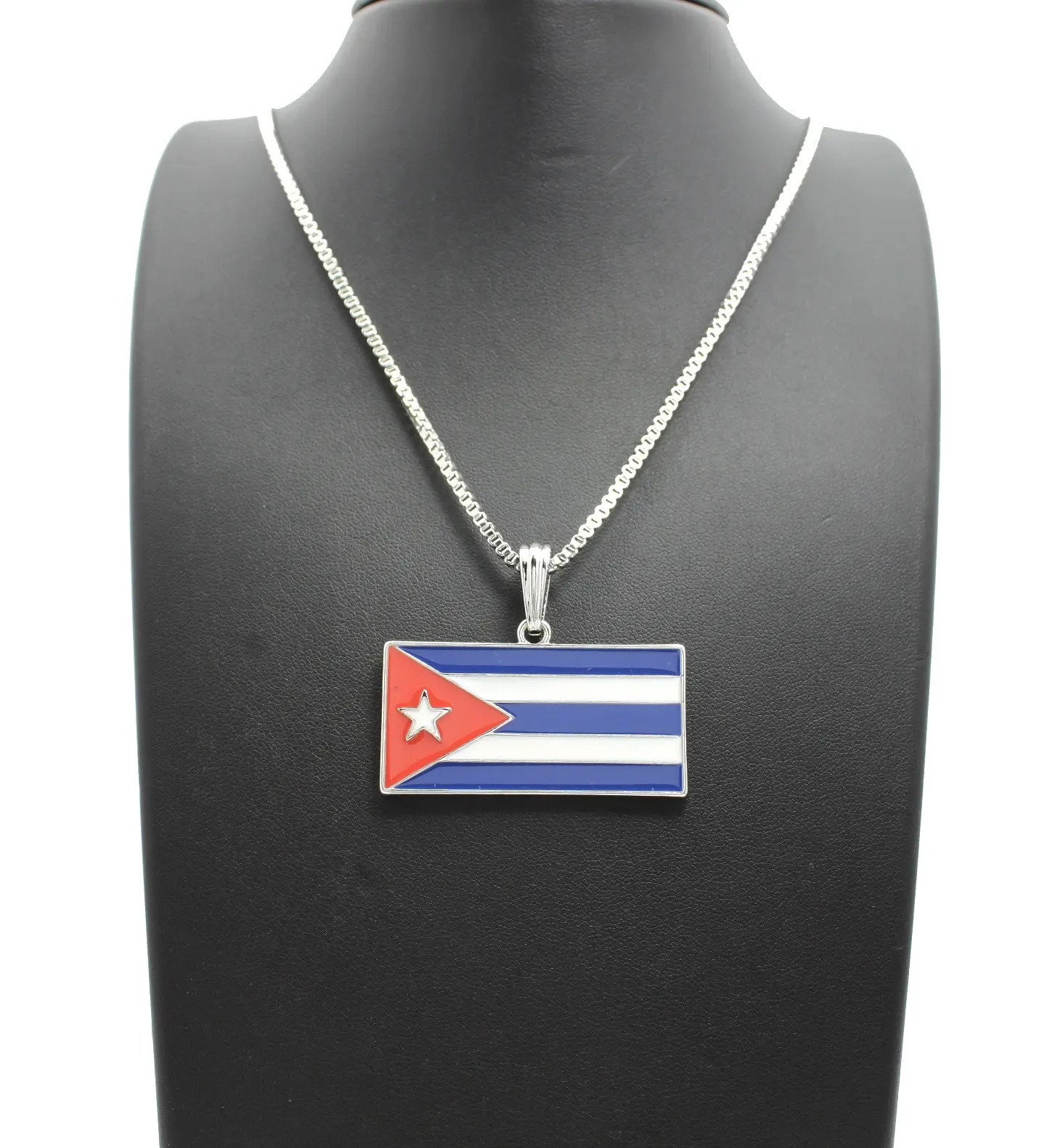 MaxBling81 Metal Coated Cuba Flag Motif Pendant Necklace with 2mm Box Chain-Link, 18-24in Lengths, Hip Hop Jewelry, Unisex Casual Daily Costume Fashion Accessory for Men