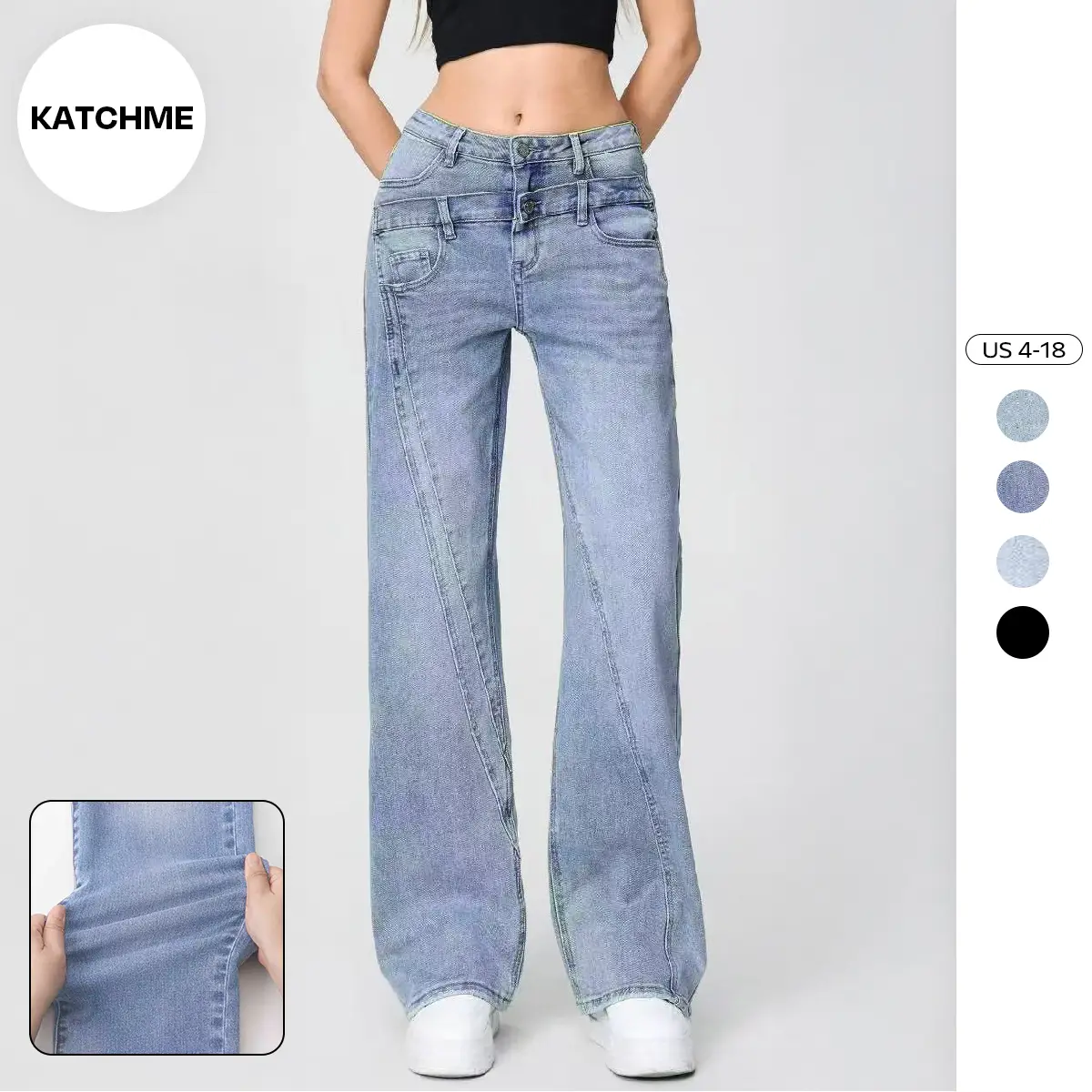 KatchMe Women's Street Chic High Waist Patchwork Wide Leg Jeans, Vintage Fake Two-Piece Denim Trousers, Baggy Jeans Outfits