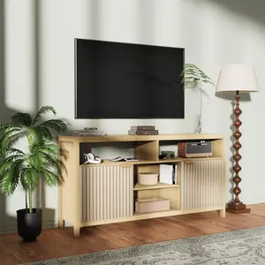 Mid Century Modern Fluted TV Stand 59" Wood Media Console for TV up to 65 Inch Fluted Entertainment Center with Storage Cabinets Open Shelves Ripple TV Cabinet Low Profile credenza for Living Room Bedroom Apartment Oak Grey