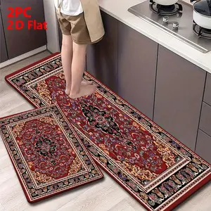 2/3 Piece Flannel Kitchen Mat Set, Vintage Persian Floral Pattern, Non-Slip, Absorbent, Home Decor, Kitchen Rugs Sets, Water Absorbent Rug, Decorative Rugs, Flower Pattern Rugs
