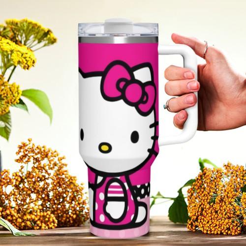 Sanrio Hello Kitty 40oz Large Capacity Handle Car Cup with Pink Bow Design and White Base for Hello Kitty Fans