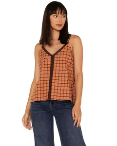 Cleo + Wolf Women's Plaid Print Flannel Tank Top - Clfa22w32-Cognac