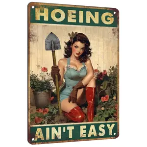 Garden Signs Yard Art Decor Hoeing Ain't Easy Funny Garden Metal Signs for Outside Patio Backyard Greenhouse 8x12 Inch