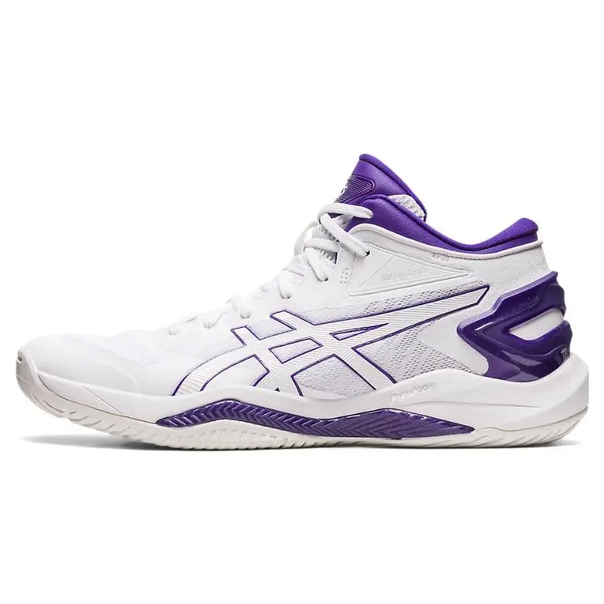 Men's Asics Gel-Burst 27 High-Top Basketball Shoes, Reinforced Fabric and Synthetic Leather Construction, White and Purple Colorway