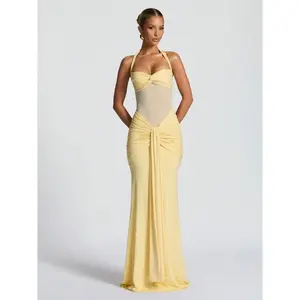 Sexy Spaghetti Strap Backless Waist Cinched High Slit Dress, Mesh Patchwork Vacation Party Dress Wedding Spring