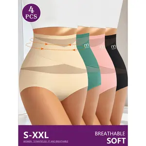 QUASTI Women’s 4PCS Basic Seamless High Waist Compression Panties, Tummy Control Cotton-Polyester Underwear with Silk Crotch, Breathable No-Show Shapewear for Postpartum, Soft Stretch Hip Lifting Full Coverage (S-XXL) Minimalist Green