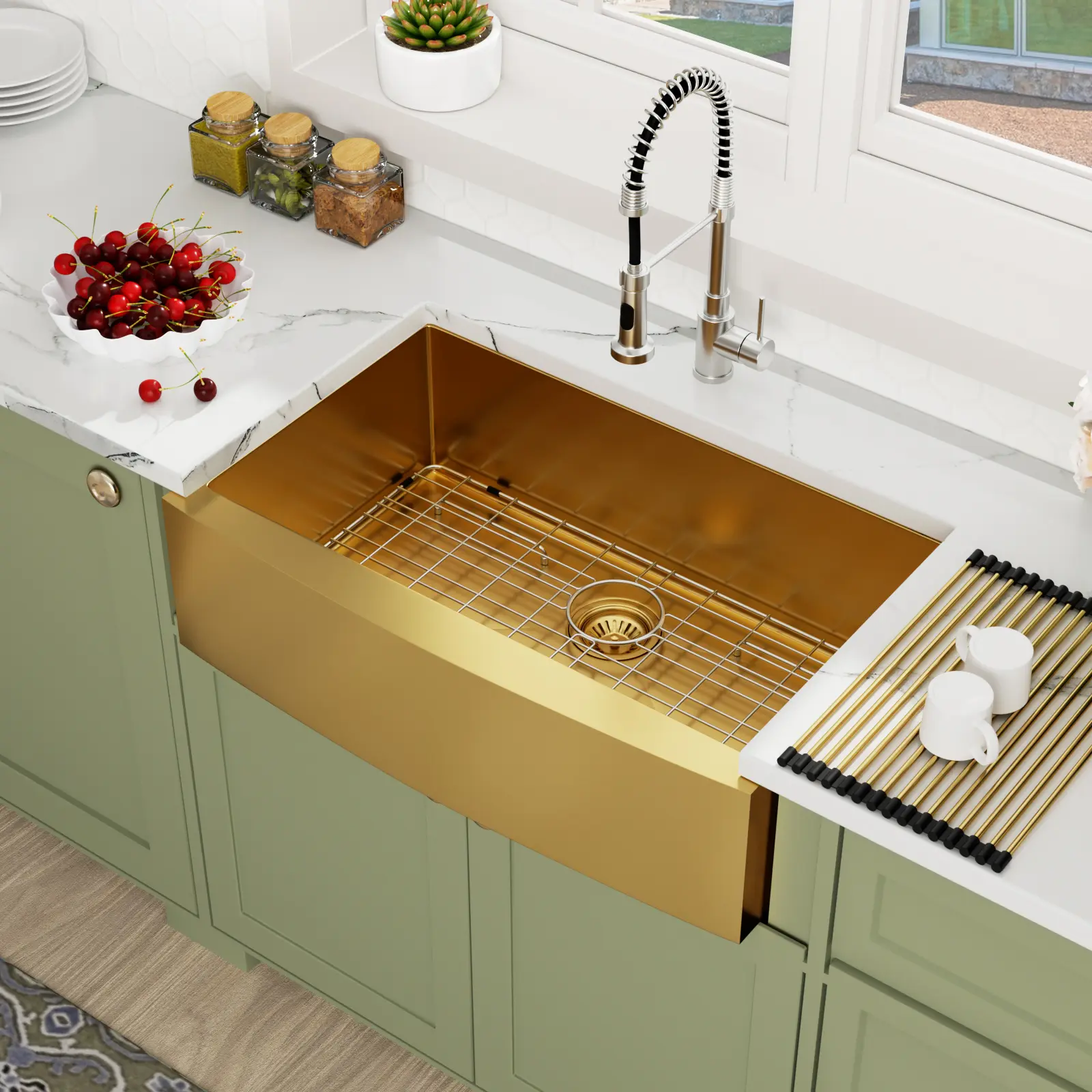 Kichae 33" x 21'' Apron Front Farmhouse Sink, Brushed Gold Stainless Steel Single Bowl Kitchen Sink with Full Accessory Kit for Modern Farmhouse & French Country Kitchen Remodel