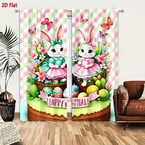 2D Easter Bunny Curtain Set 2 Panels, Home Decoration Curtain, White Bunnies with Pink Ears in Brown Baskets, Pastel Eggs Flowers, Pink Green Striped Background, Happy Easter Printed for Spring Home Decor, Blackout Curtains for Bedroom